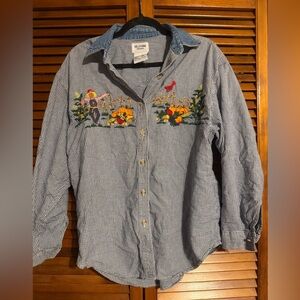 Vintage Blue Checkered Men's Shirt with Embroidery